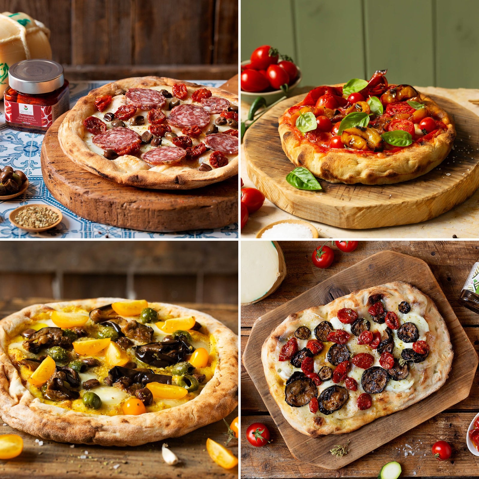Four Italian pizzas from our cookbook: white pizza with Finocchiona, pan pizza with peppers, yellow datterino with eggplant, paddle pizza